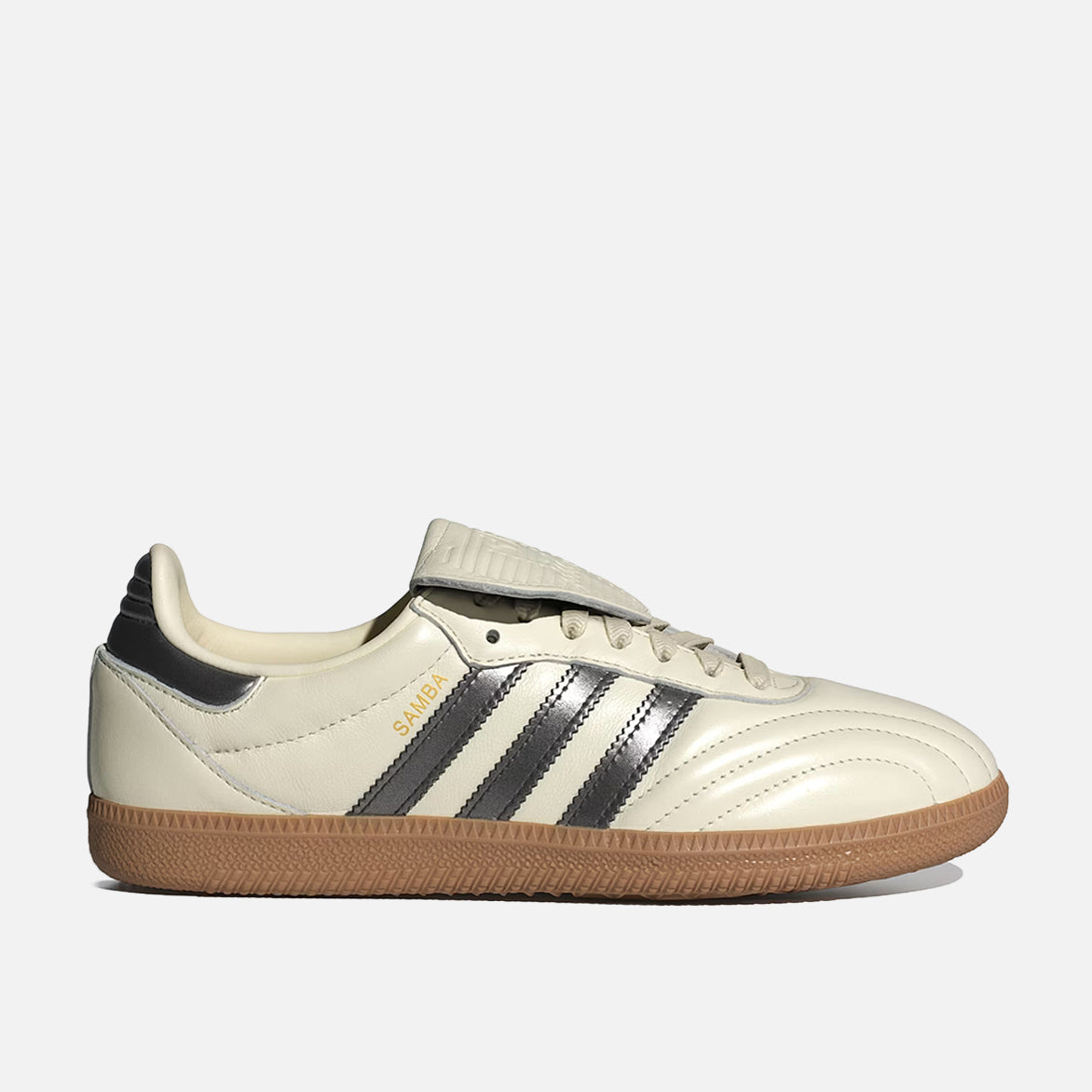 Side view of adidas WMNS Samba Long Tongue sneakers in cream white and black, highlighting the leather upper and gum sole.