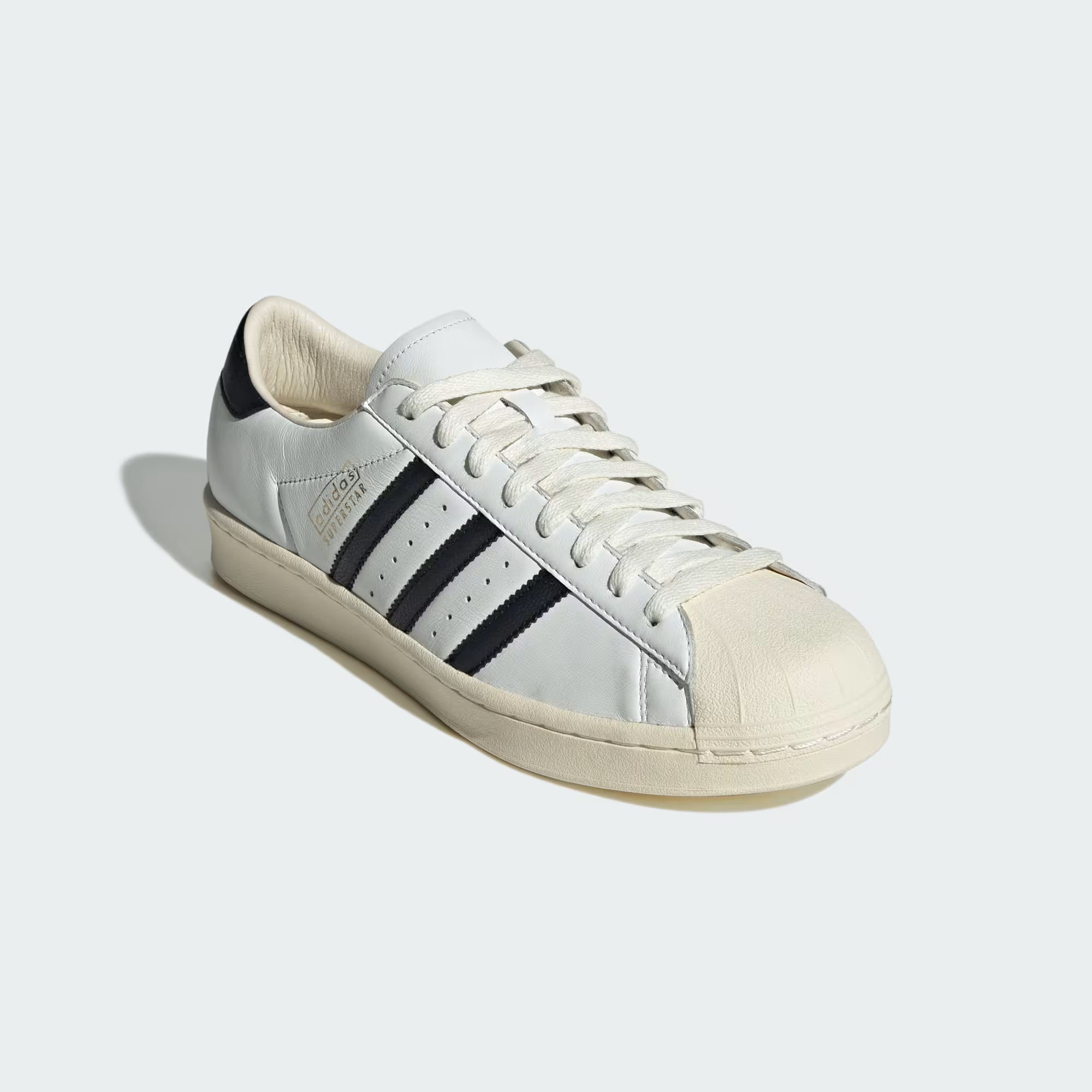 Top-down view of Adidas Superstar Vintage Sneakers, showcasing the premium leather upper and three-stripes.