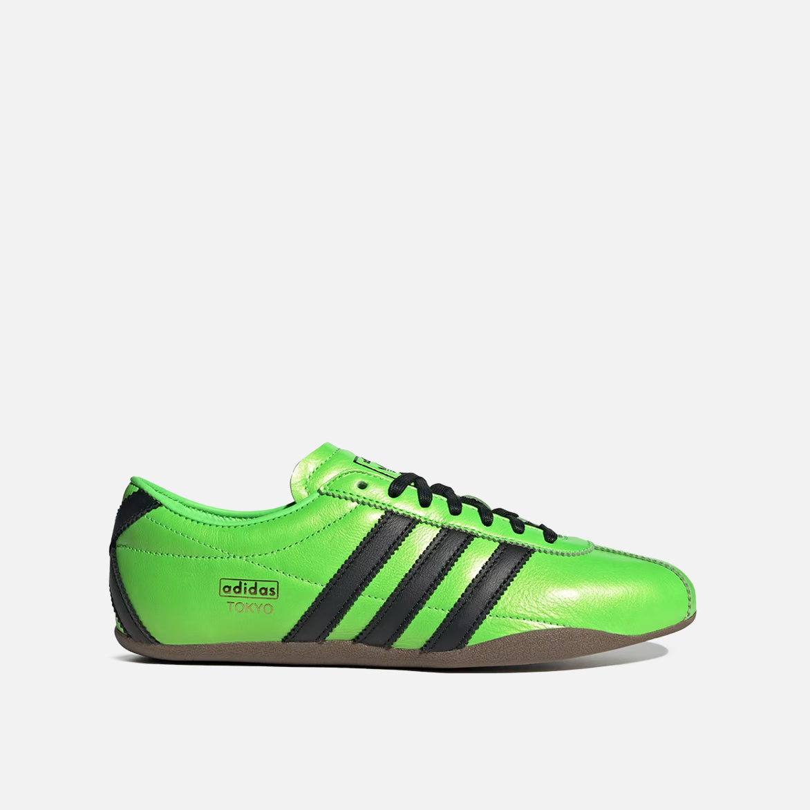Side view of Adidas Women's Limited Edition Tokyo Sneakers in Solar Green, highlighting the unique design and texture.