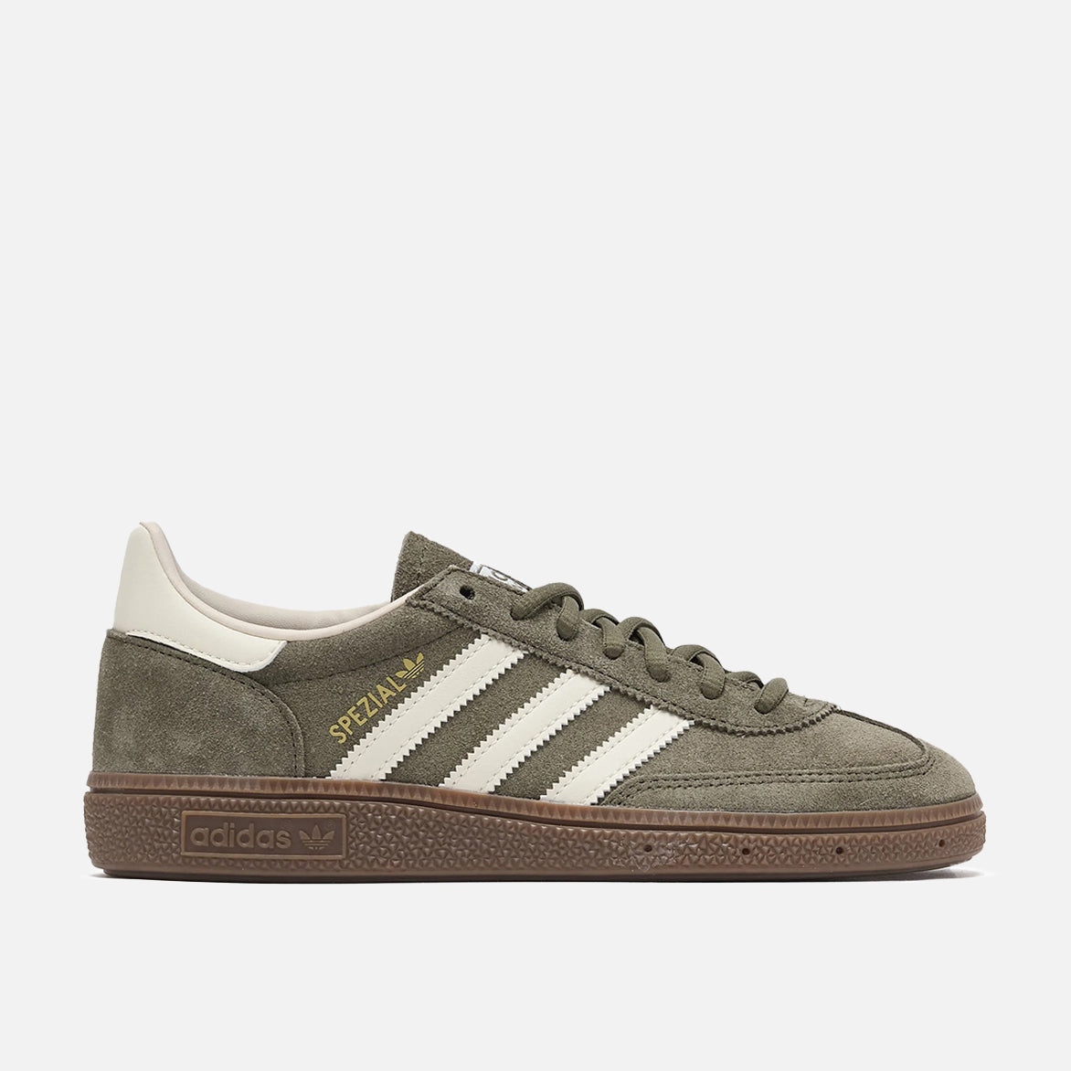 Side view of olive green handball Spezial sneakers with tonal overlays and gum sole.