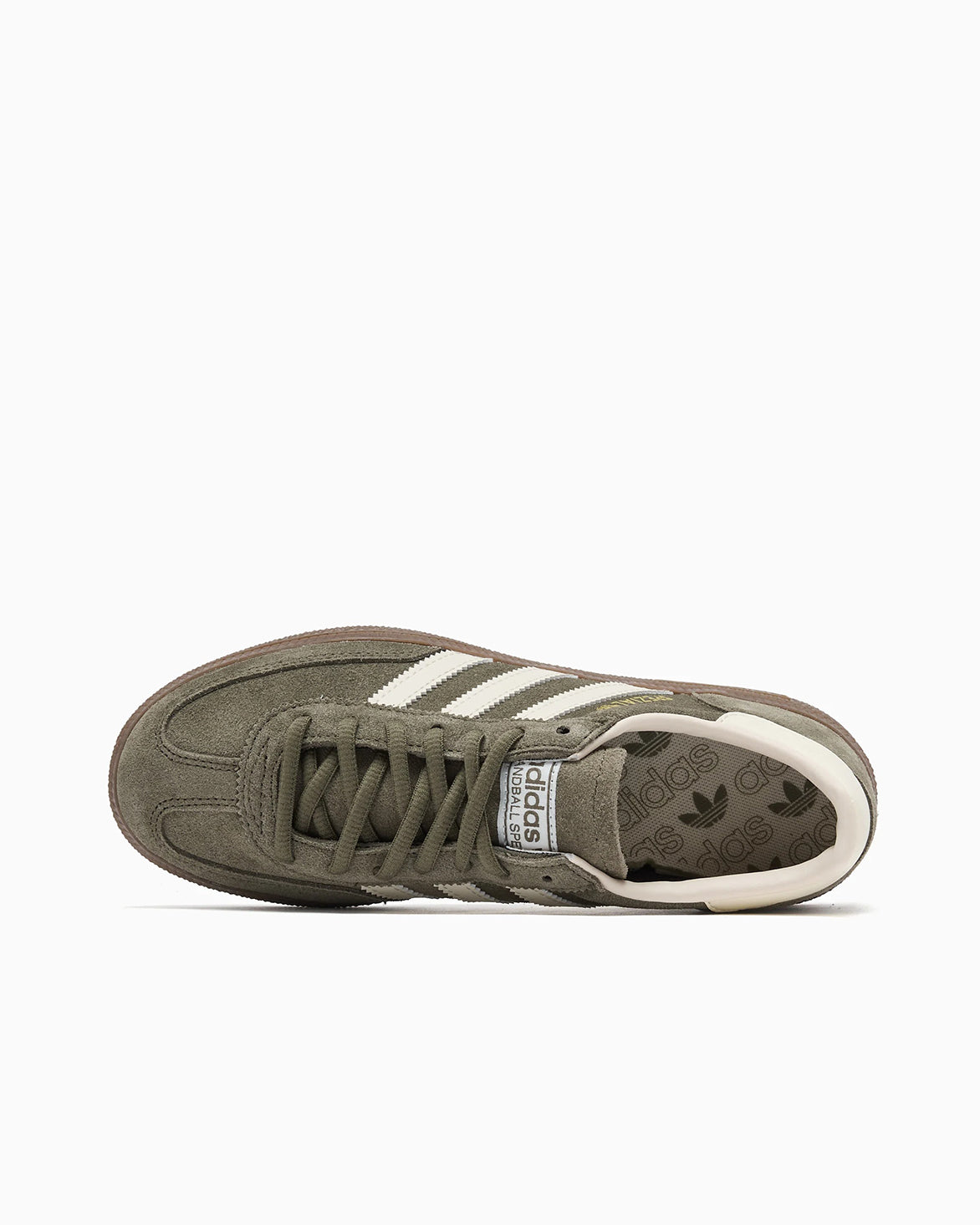 Side view of olive green handball Spezial sneakers with tonal overlays and gum sole.
