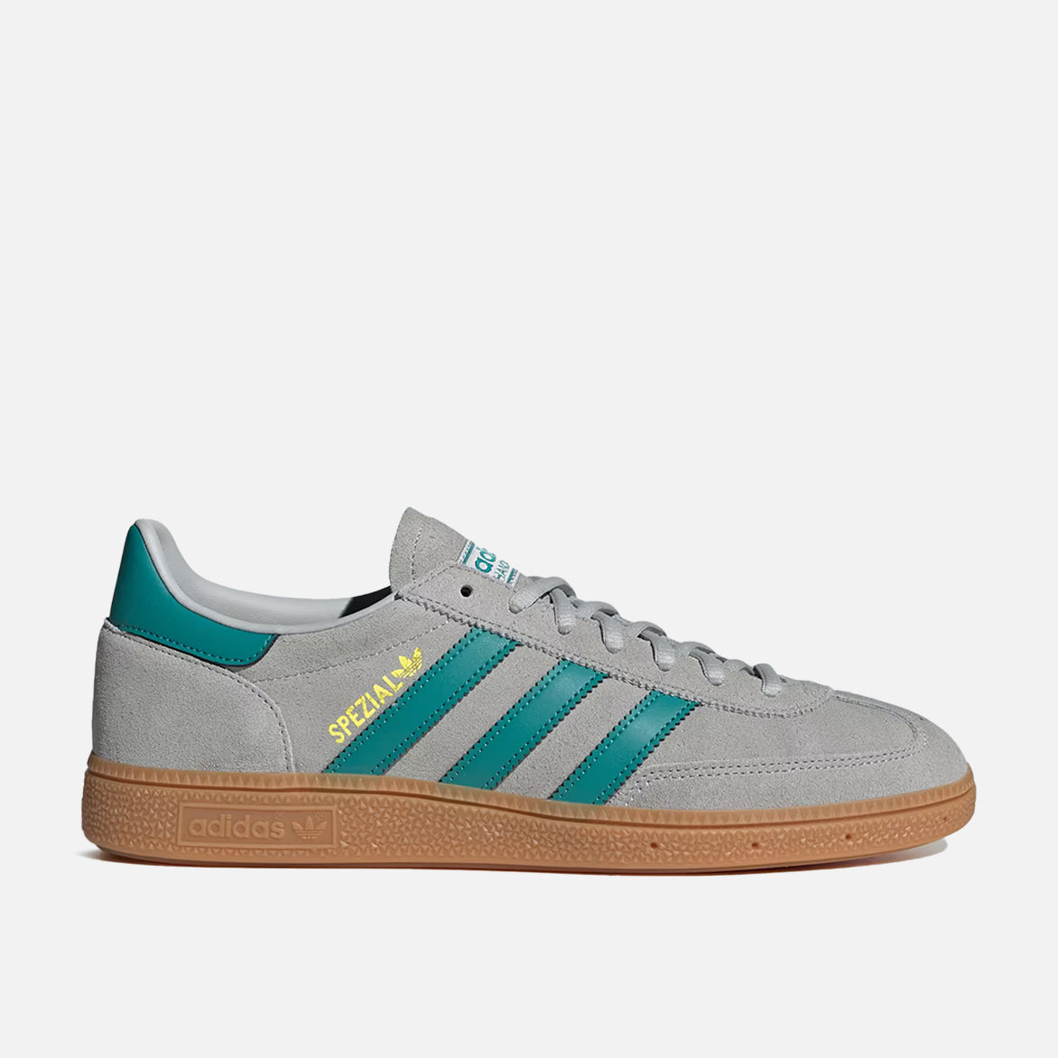 Side view of Retro Handball Spezial Sneakers in Grey Two and Pure Teal, highlighting the suede upper and teal accents.