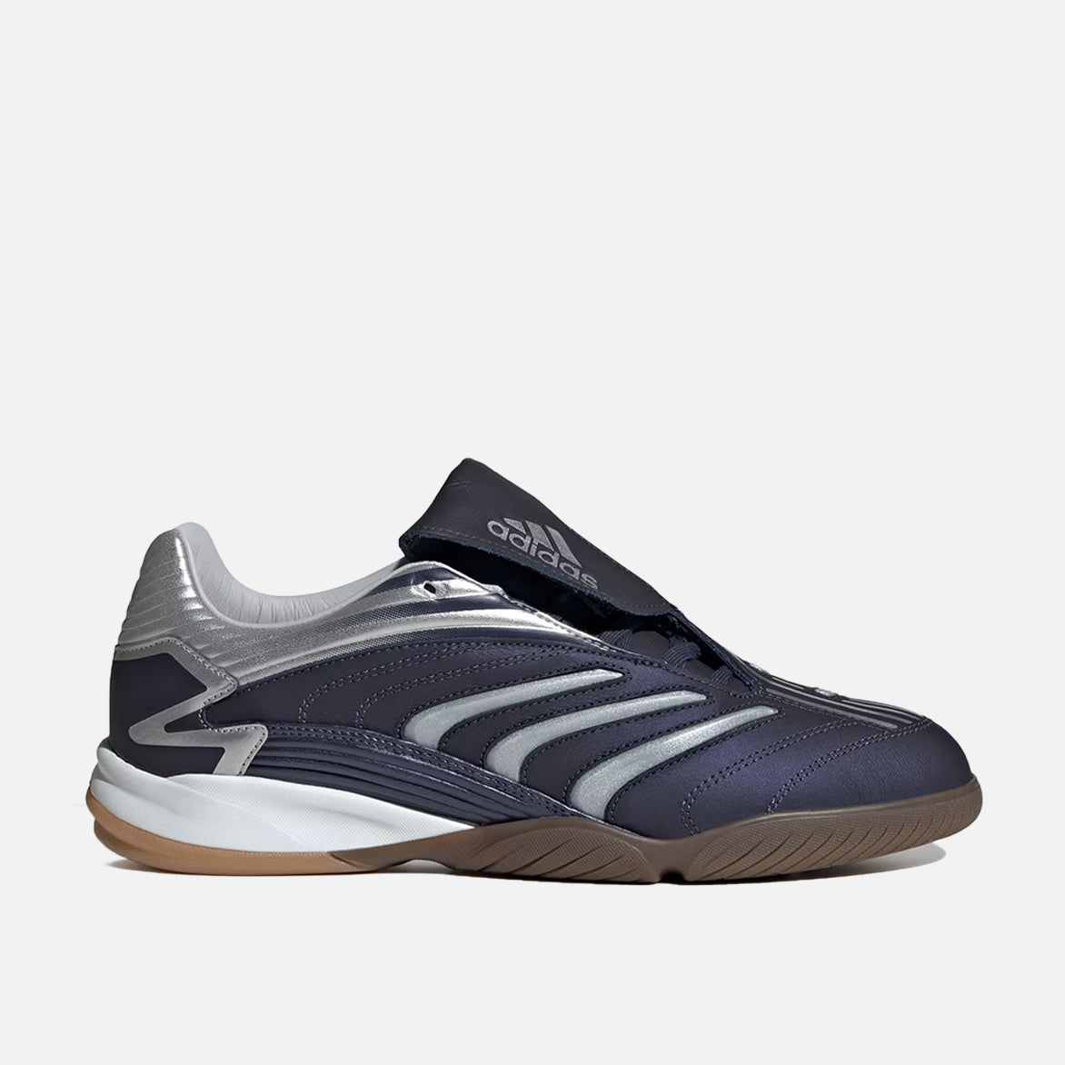 Side view of Adidas Predator Sala lifestyle sneakers in Shadow Navy and Silver Metallic, highlighting the premium leather upper.