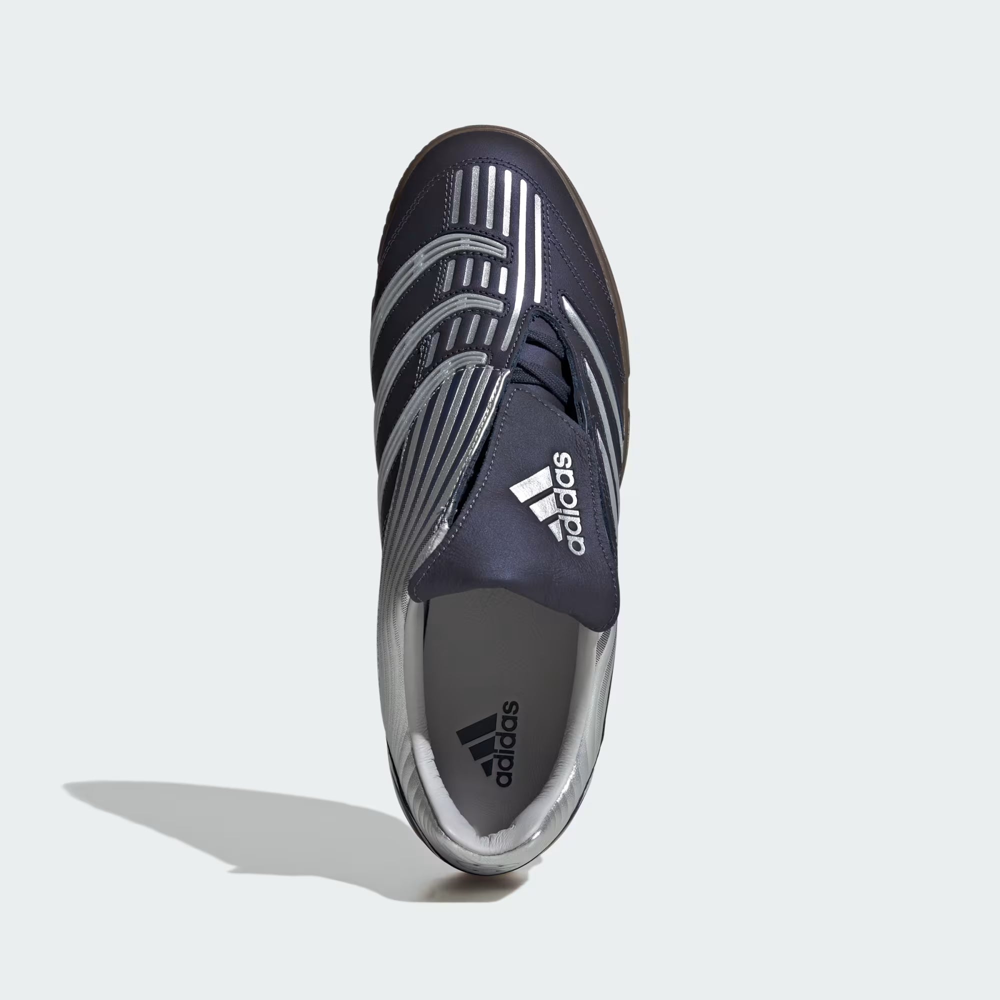 Side view of Adidas Predator Sala lifestyle sneakers in Shadow Navy and Silver Metallic, highlighting the premium leather upper.