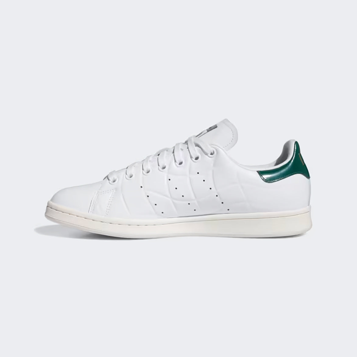 Side view of DIME x Adidas Stan Smith sneakers in Cloud White and Green Oxide