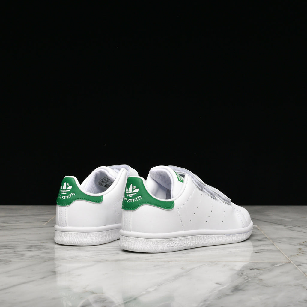 Side view of adidas Stan Smith Velcro PS in preschool size 11, highlighting the classic design