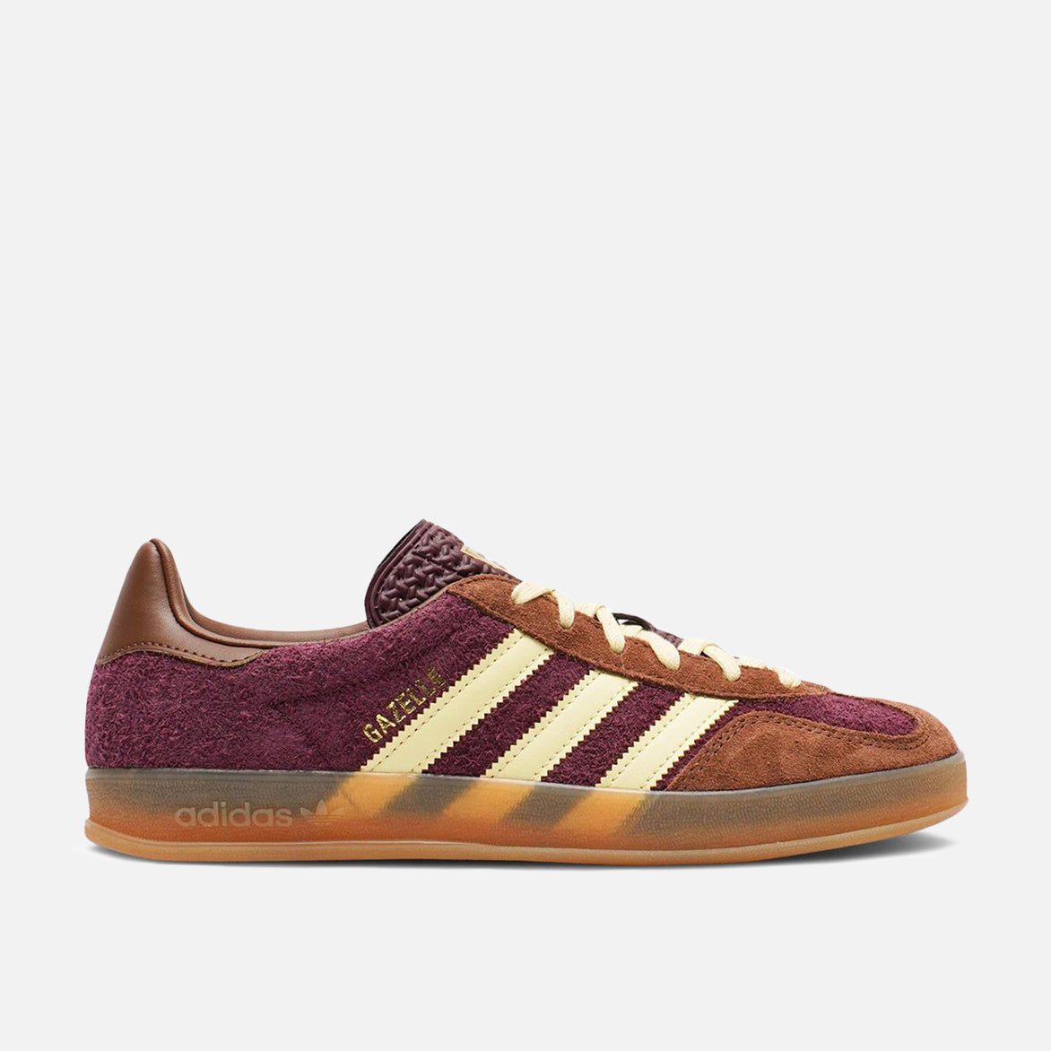 Rear view of Maroon and Yellow retro sneakers showing heel tab and sole detail