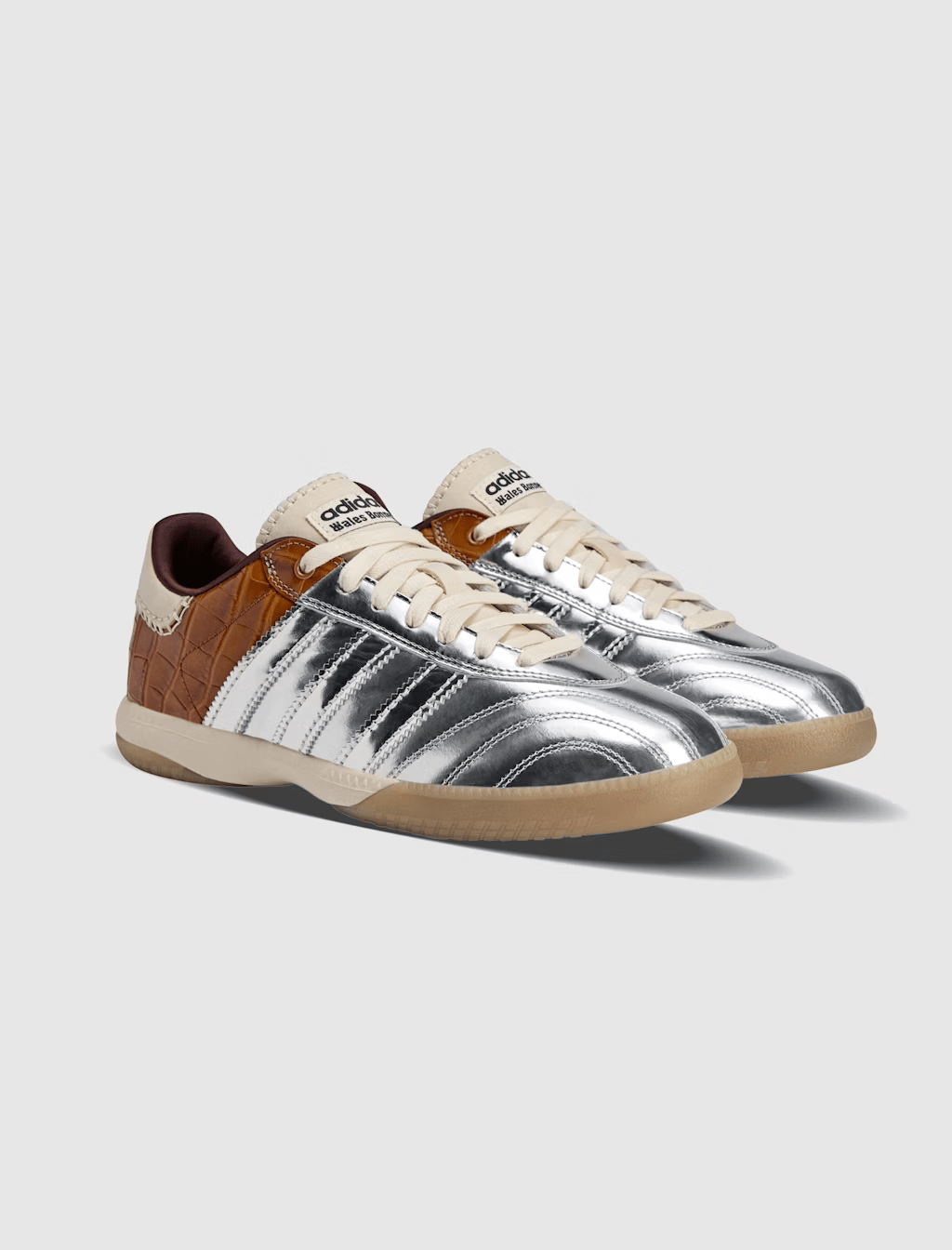 Close-up of the heel tab featuring the gold foil Trefoil branding on WALES BONNER x adidas sneakers.