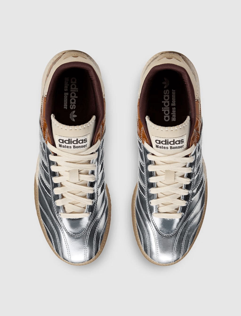 Top view of the WALES BONNER x adidas Millennium Samba sneakers showcasing the unique two-tone color scheme.