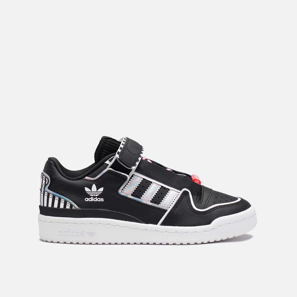 Side view of Dance Revival Women's Sneakers showcasing black leather and zebra stripes. Side view of Dance Revival Women's Sneakers showcasing black leather and zebra stripes.