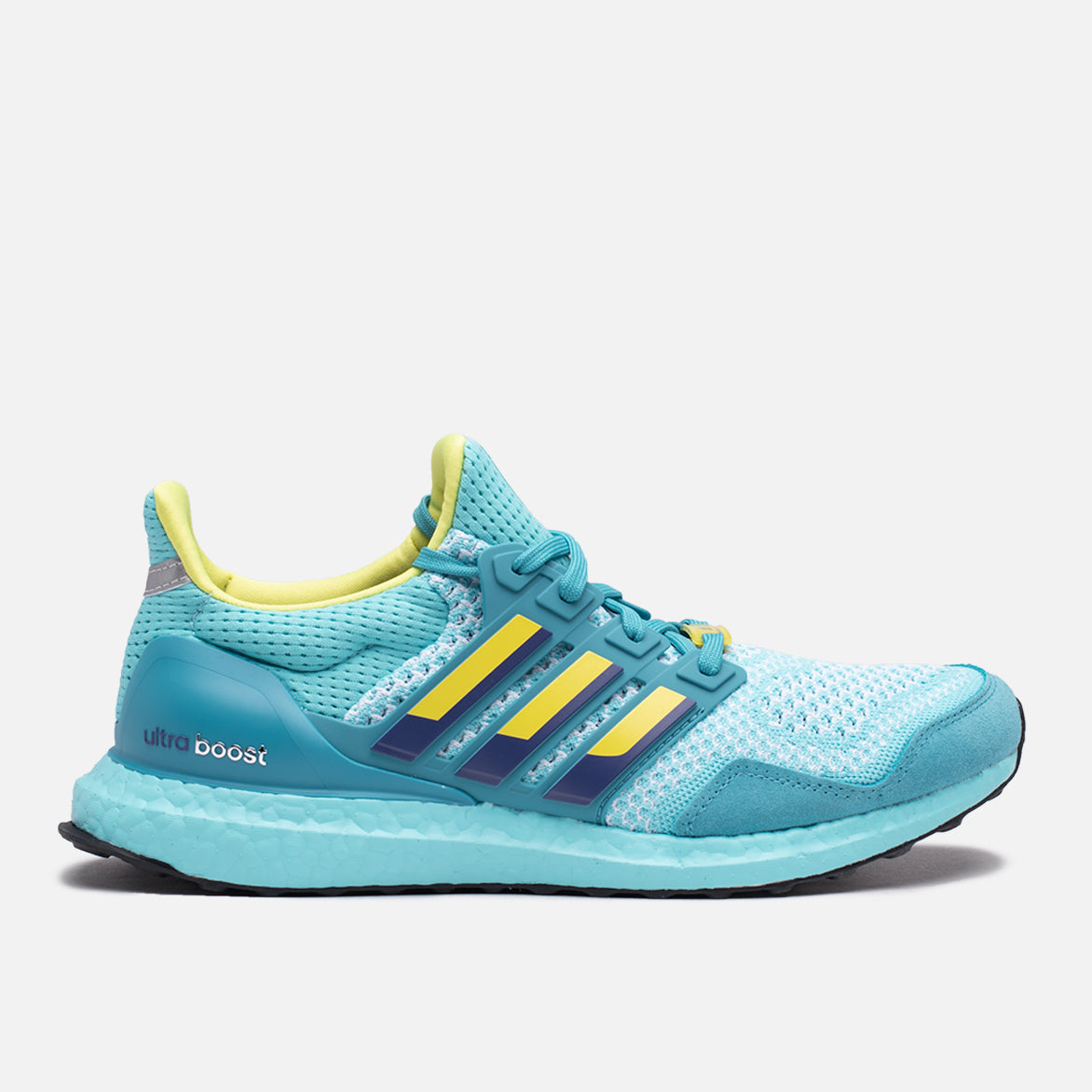 Close-up of Adidas UltraBoost 1.0 ZX 8000 sneakers showing the aqua Primeknit upper and purple accents