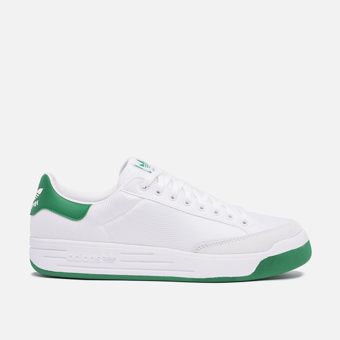 Adidas Rod Laver sneakers showcasing the white mesh upper and green heel tab from the side.