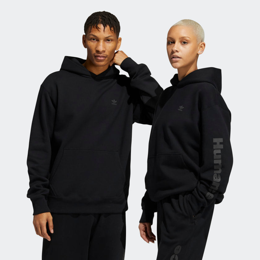 Front view of the Pharrell x adidas Triple Black hoodie showing tonal Trefoil logo and kangaroo pocket