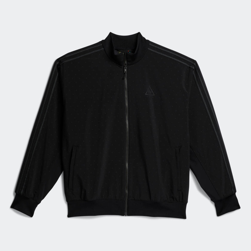 Pharrell x adidas triple black track jacket with reflective details from the front view
