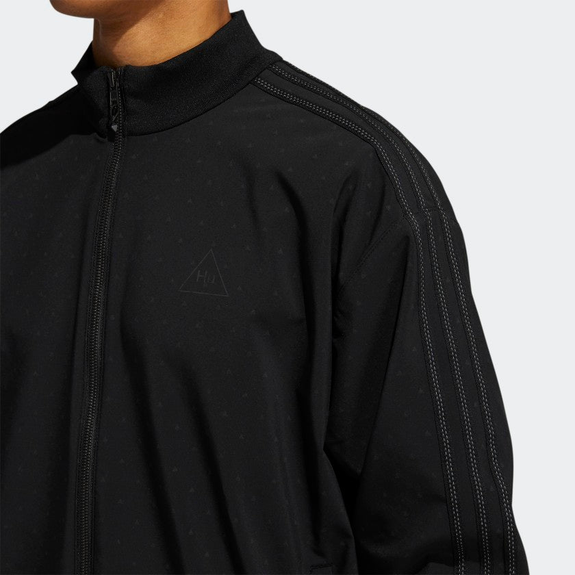 Pharrell x adidas triple black track jacket with reflective details from the front view