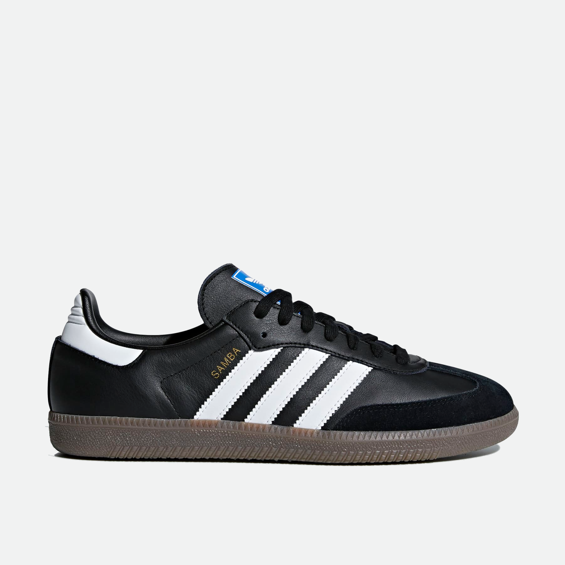 Adidas Samba OG Core Black sneakers front view showing black leather and suede upper